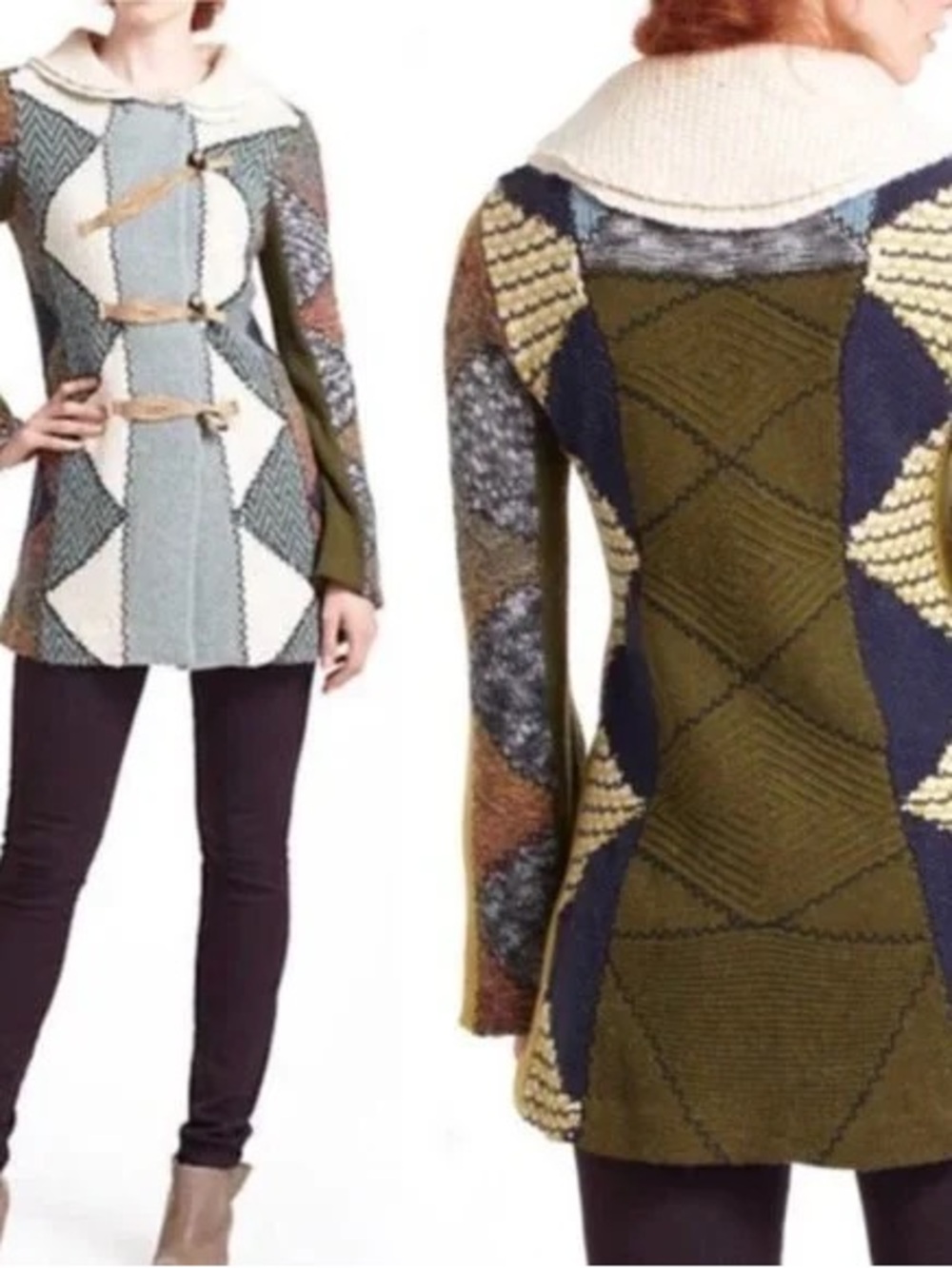Anthropologie Olive Multi Patchwork Toggle Cardigan